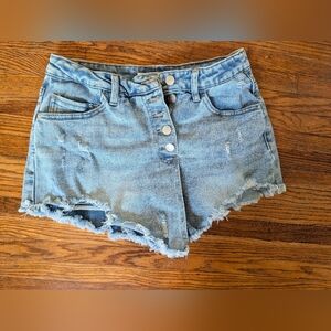 Washed Light Blue Denim Distressed Skort with Button Front